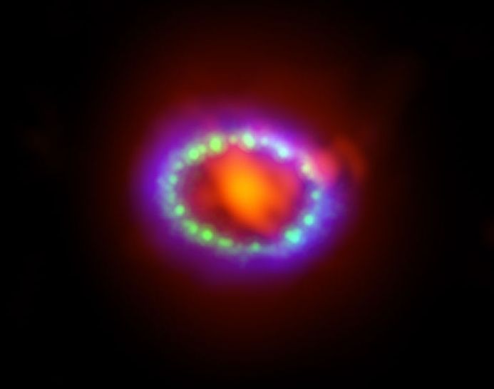 Изображение на остатък от свръхновата SN 1987A, видяно в светлина с различни дължини на вълните. Данните от ALMА (в червено) показват новообразувания прах в центъра на останките. Данните от „Хъбъл“ (в зелено) и „Чандра“ (в синьо) показват разширяването на ударната вълна.© ALMA/NASA