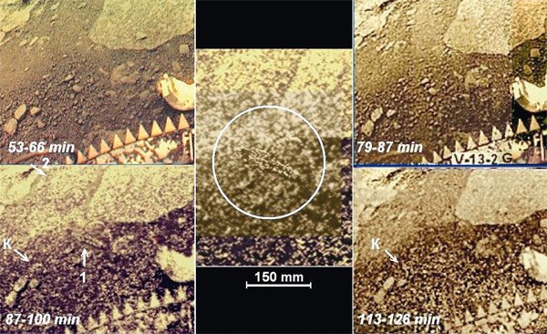 Обектът „скорпион“ (1) се появява на панорамата, заснета от 87-а до 100-тна минута. На изорбраженията преди 87-а и след 113-а минута той липсва. Слабоконтрастният обект 2, заедно с частично светла среда, също присъства само на панорами 87—1.