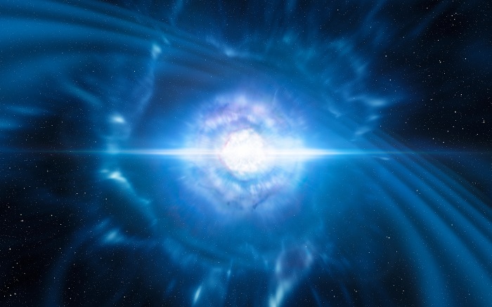 На снимката (художествена импресия) се виждат две малки, но много гъсти неутронни звезди в точката, в която се сливат и експлодират като килонова. Такова много рядко събитие се очаква да доведе както до гравитационни вълни, така и до кратко гама-лъчение, и двете от които бяха наблюдавани на 17 август 2017 г. от LIGO-Virgo и Fermi / INTEGRAL. Последващите подробни наблюдения с много ESO телескопи потвърдиха, че този обект, наблюдаван в галактиката NGC 4993 на около 130 милиона светлинни години от Земята, всъщност е килонова. Такива обекти са основният източник на много тежки химически елементи, като златото и платината, във Вселената.