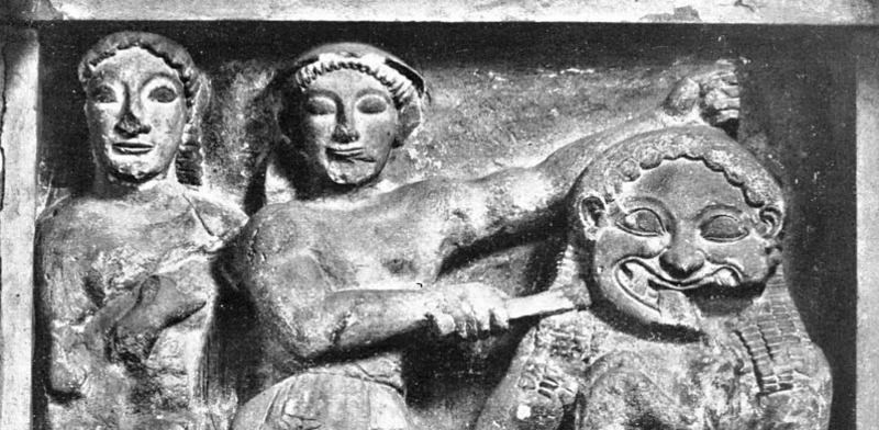Атина и Персей, който убива горгоната Медуза. Релеф на метоп от храма в Селинунт, Сицилия.
