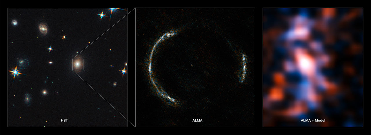 Необичайно изображение на далечна гравитационно линзирана галактика получиха астрономите в