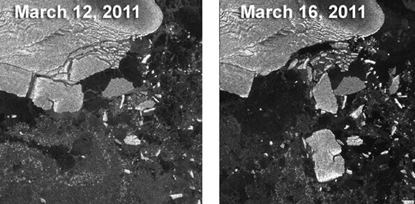 Ледникът Зулцбергер преди и след срещата му с вълните. © European Space Agency/Envisat