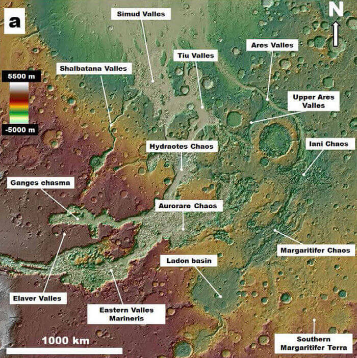 Част от прочутите марсиански канали и заобикалящите ги кратери. © Rodriguez et al./Scientific Reports 2015