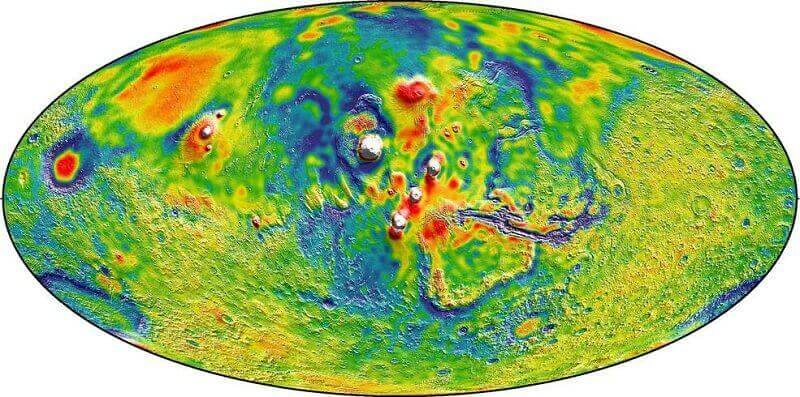 НАСА представи нова и възможно най-подробна гравитационна карта на Марс.