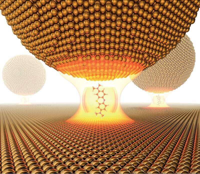 Молекулата на оцветителя, уловена в нанокухина между златния филм и златните наночастици. © Chikkaraddy et al